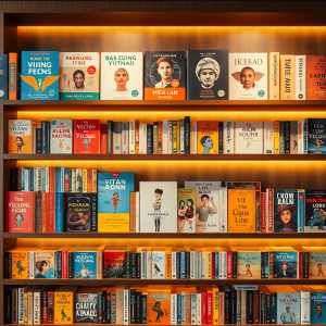 Kệ sách trưng bày các cuốn sách bán chạy nhất Văn học Việt Nam với ánh sáng ấm áp và thiết kế nội thất hiện đại