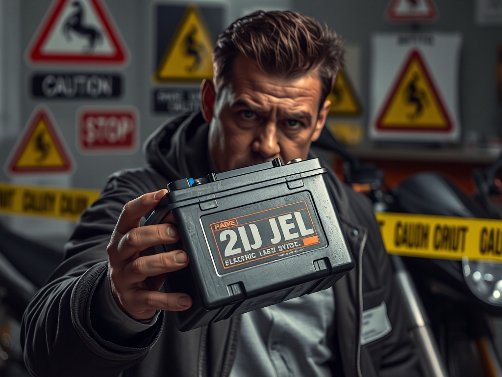 Khách hàng tức giận với ắc quy xe máy điện VinFast hư hỏng, biển cảnh báo và dây cảnh sát phía sau, ánh sáng kịch tính, phong cách nhiếp ảnh hiện thực