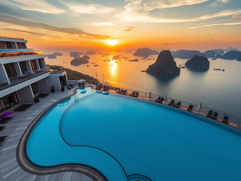 Khách sạn 5 sao sang trọng với hồ bơi nhìn ra vịnh Hạ Long, kiến trúc hiện đại, hoàng hôn nhiệt đới, tầm nhìn toàn cảnh từ trên cao