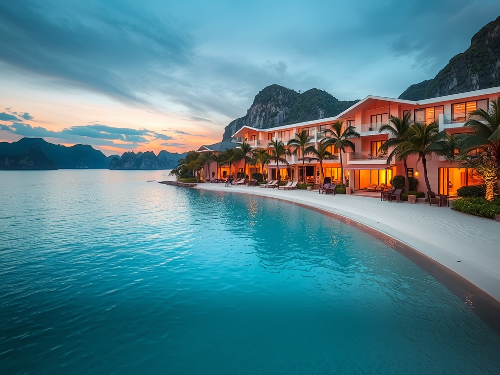 Khách sạn Hạ Long gần biển với bãi cát trắng, nước biển xanh ngọc bích, cây dừa và kiến trúc hiện đại dưới ánh hoàng hôn vàng rực