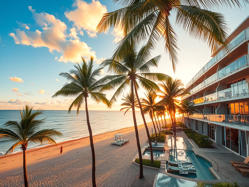 Khách sạn Hạ Long gần biển với kiến trúc hiện đại, cây cọ ven bờ, hoàng hôn vàng rực rỡ trên biển, tạo nên khung cảnh thơ mộng và lãng mạn