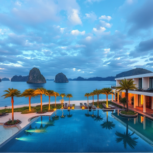 Khách sạn Hạ Long gần biển với kiến trúc hiện đại, hồ bơi vô cực và tầm nhìn toàn cảnh vịnh biển trong ánh hoàng hôn vàng rực rỡ