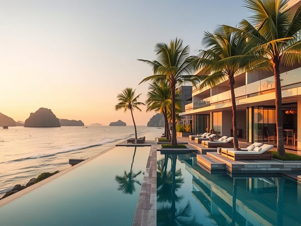 Khách sạn Hạ Long gần biển với kiến trúc hiện đại, tầm nhìn toàn cảnh vịnh, cây cọ đung đưa trong gió chiều, ánh hoàng hôn vàng rực rỡ trên biển