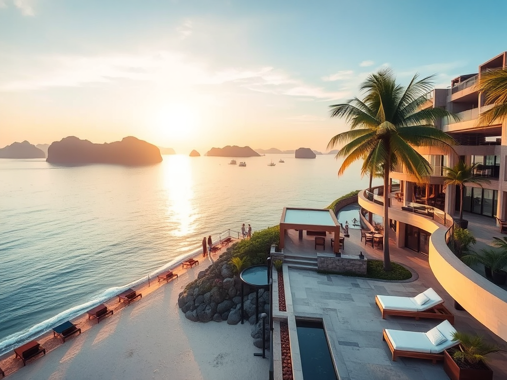 Khách sạn Hạ Long gần biển với kiến trúc hiện đại, tầm nhìn toàn cảnh vịnh, nước biển xanh ngọc, hoàng hôn vàng và cây cọ nhiệt đới bao quanh