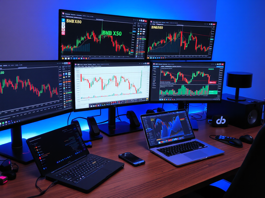 Không gian làm việc giao dịch tiền điện tử hiện đại với nhiều màn hình hiển thị biểu đồ giá BNB và chỉ báo kỹ thuật, bàn làm việc được tổ chức với điện thoại thông minh, laptop và các công cụ giao ...