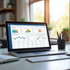 Không gian làm việc văn phòng hiện đại với laptop hiển thị bảng điều khiển SEO, sách và công cụ marketing kỹ thuật số, ánh sáng tự nhiên từ cửa sổ