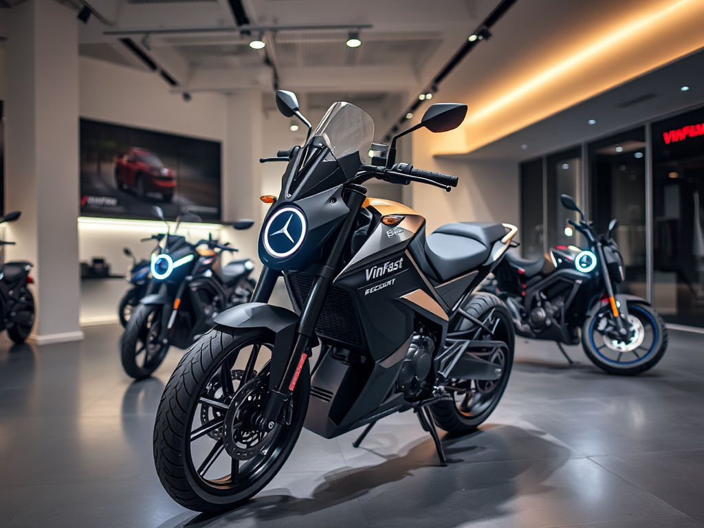 Không gian trưng bày xe máy điện VinFast hiện đại với các mẫu xe được chiếu sáng tinh tế, thể hiện sự đa dạng và công nghệ tiên tiến