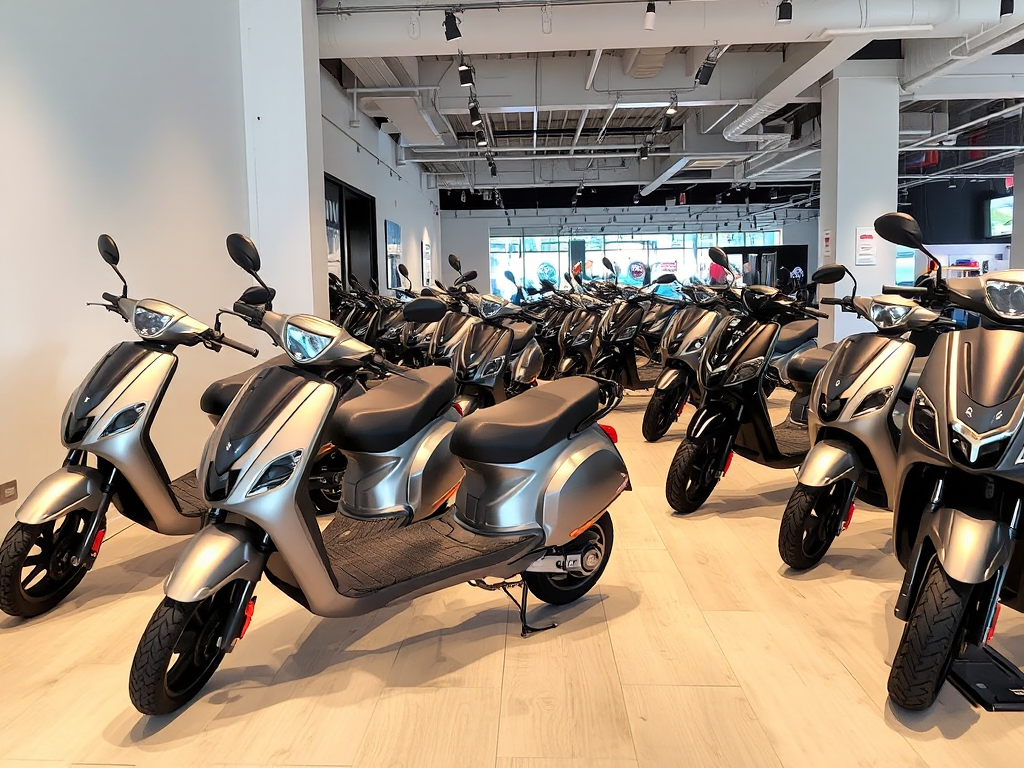 Không gian trưng bày xe máy điện VinFast hiện đại với nhiều mẫu xe sang trọng, ánh sáng showroom rõ nét và thiết kế nội thất đương đại