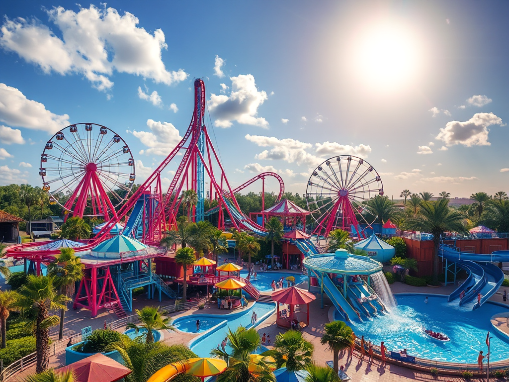 Khu vui chơi giải trí Sun World Hạ Long Park với các trò chơi hiện đại, tàu lượn siêu tốc và bánh xe đu quay khổng lồ dưới bầu trời trong xanh