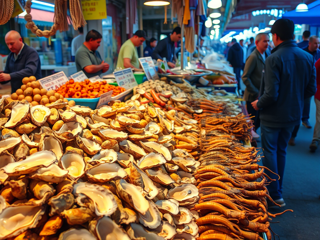 Khung cảnh chợ hải sản Hạ Long sôi động với các món đặc sản tươi ngon như hàu, mực nướng, được bày bán trong không gian chợ nhộn nhịp dưới ánh sáng tự nhiên ấm áp
