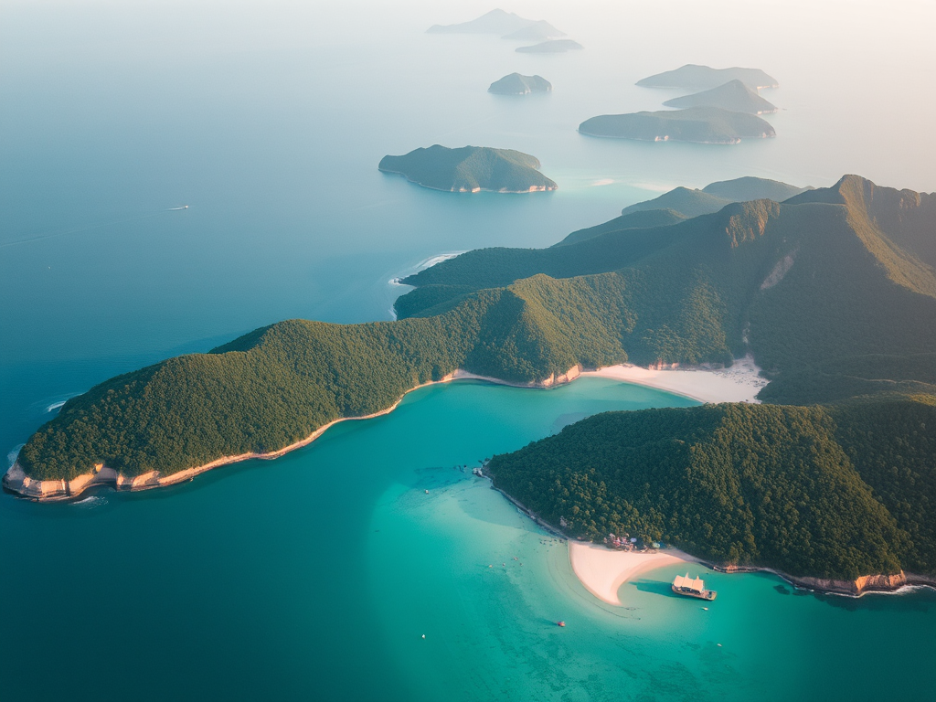 Khung cảnh đảo Cô Tô với biển xanh ngọc bích, bãi cát trắng mịn và đồi núi xanh tươi, góc nhìn từ trên cao, ánh sáng buổi sáng dịu nhẹ