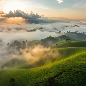 Khung cảnh đồi chè Mộc Châu từ trên cao với sương mù buổi sáng, ánh nắng vàng rực rỡ và những thửa ruộng bậc thang xanh mướt hòa quyện với núi non trùng điệp