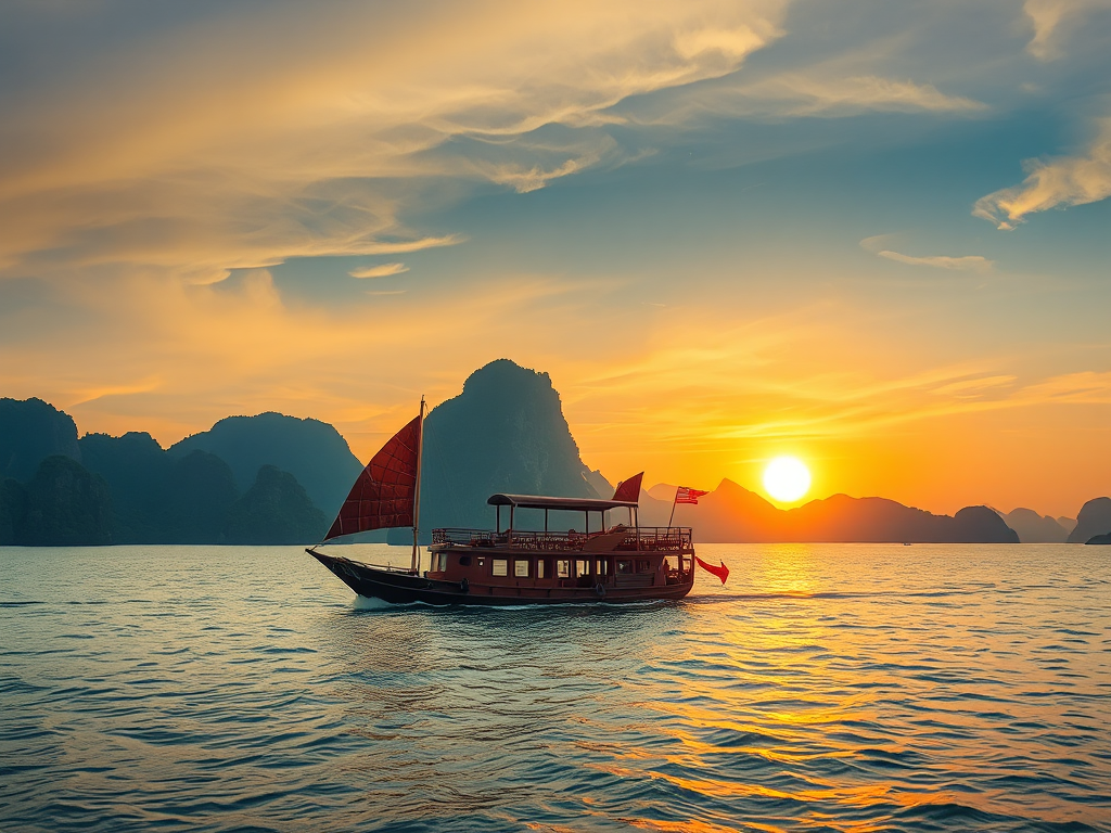 Khung cảnh hoàng hôn yên bình vịnh Hạ Long với thuyền buồm truyền thống lướt trên mặt nước xanh ngọc, núi đá vôi tạo bóng trên nền trời vàng óng ánh