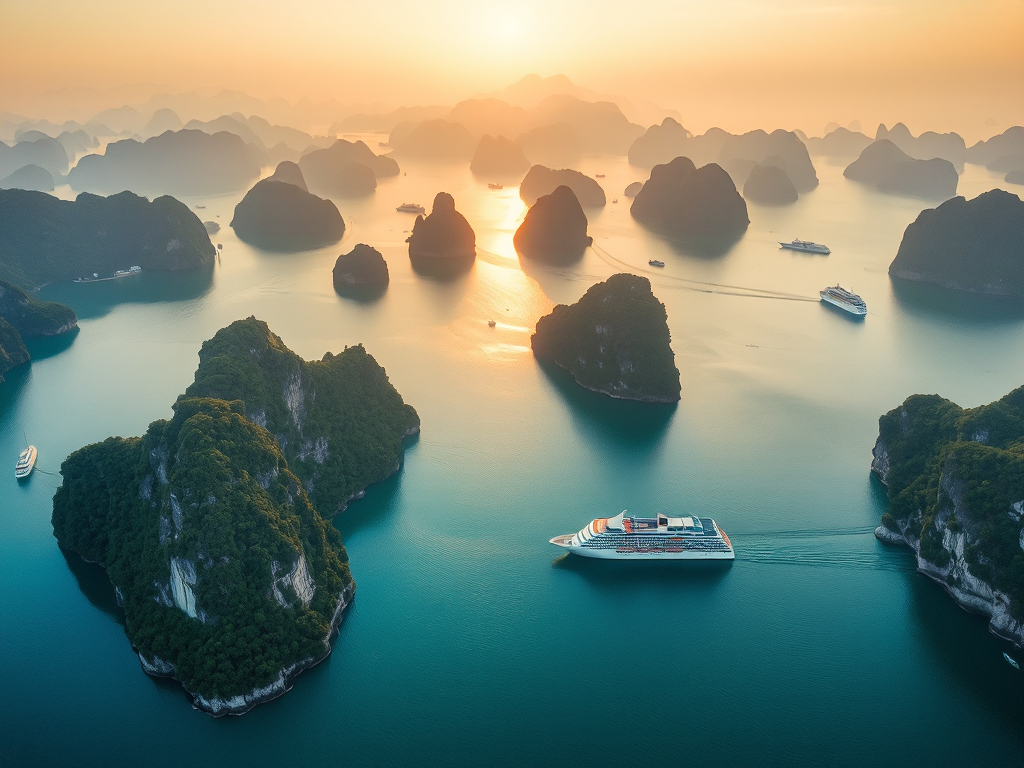 Khung cảnh toàn cảnh Vịnh Hạ Long với các hòn đảo đá vôi và nước biển xanh ngọc, ánh sáng bình minh, thể hiện các điểm tham quan mới và tàu du lịch hiện đại