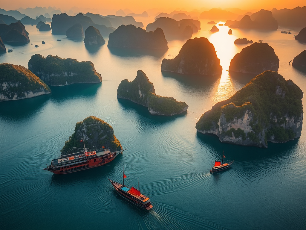 Khung cảnh toàn cảnh vịnh Hạ Long với nước biển xanh ngọc và núi đá vôi hùng vĩ dưới ánh hoàng hôn vàng rực, có thuyền buồm truyền thống lướt nhẹ trên mặt nước êm đềm