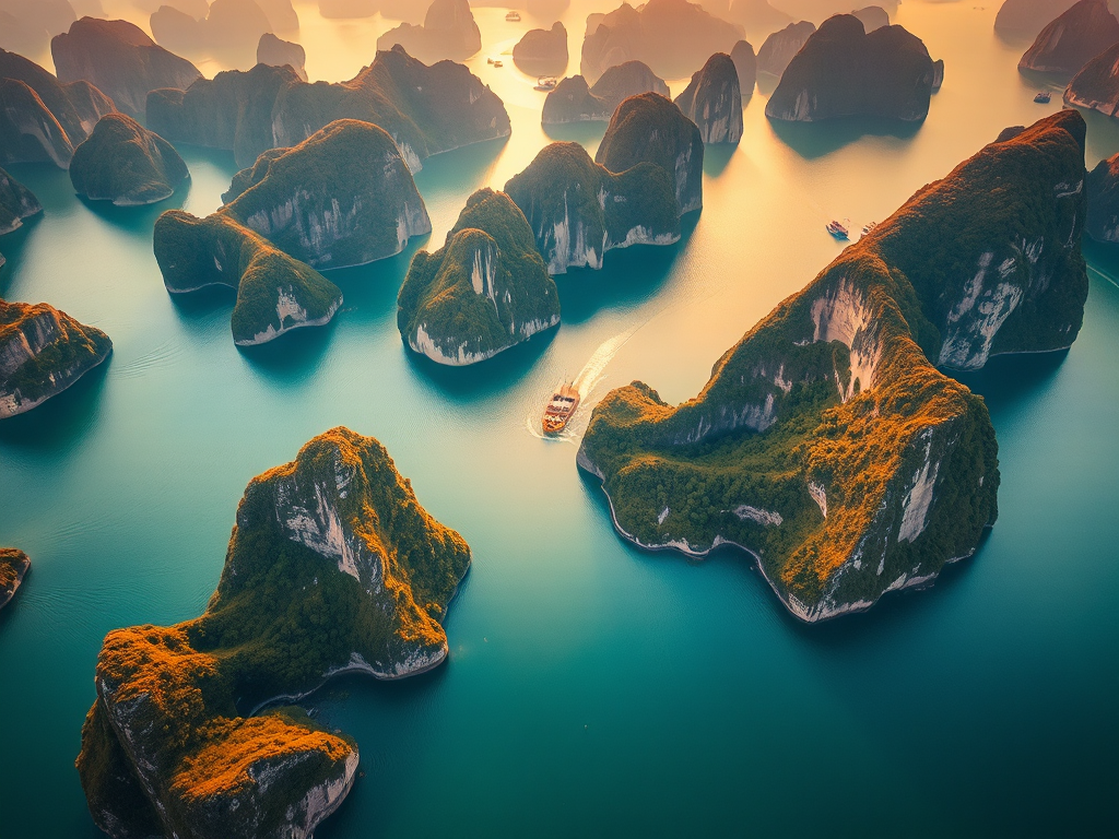 Khung cảnh tuyệt đẹp của Vịnh Hạ Long từ trên cao với những hòn đảo đá vôi nhô lên khỏi mặt nước biển xanh ngọc, ánh sáng bình minh vàng rực rỡ, di sản thiên nhiên thế giới UNESCO