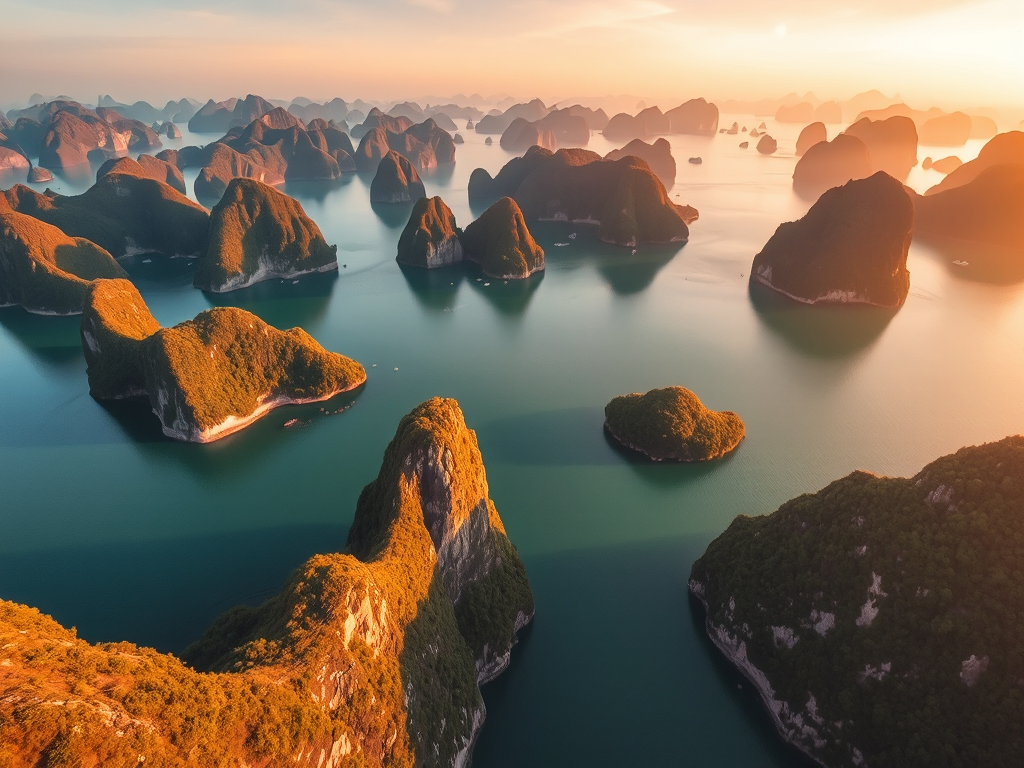 Khung cảnh tuyệt đẹp vịnh Hạ Long từ trên cao với các hòn đảo đá vôi nhô lên mặt nước xanh ngọc, ánh sáng hoàng hôn tạo nên khung cảnh lãng mạn và huyền ảo