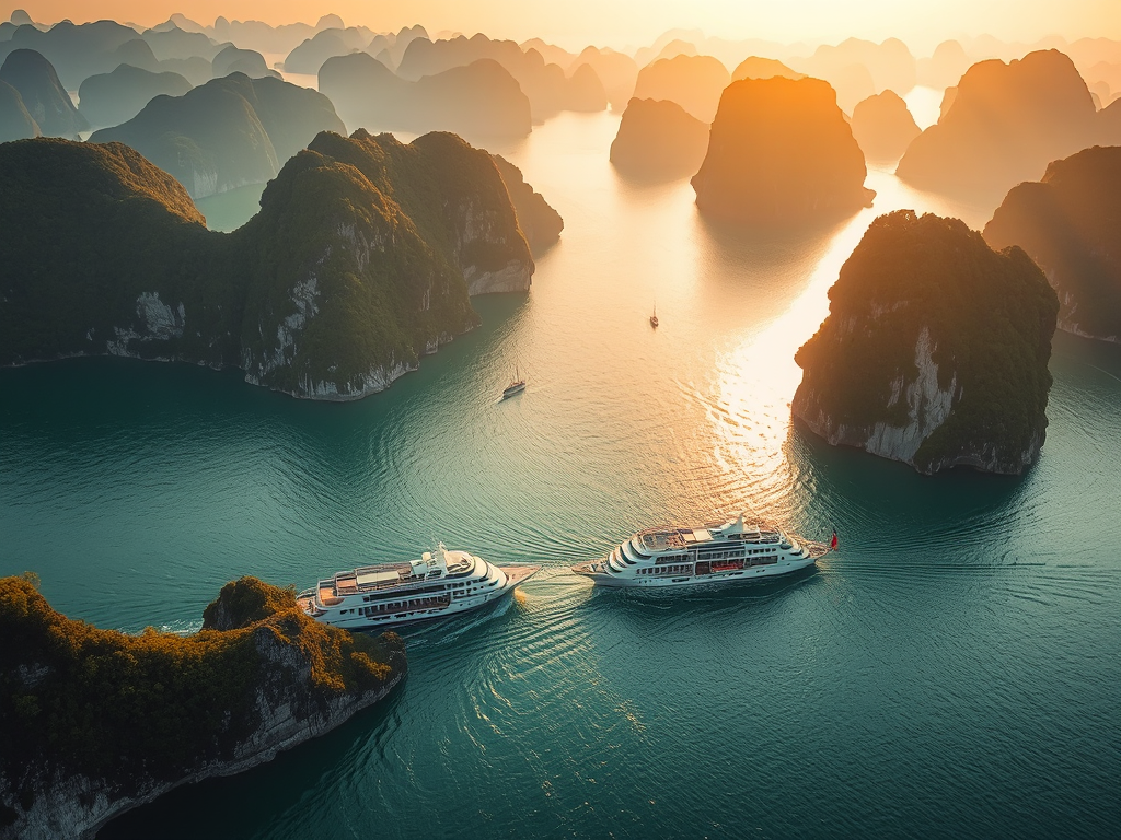 Khung cảnh Vịnh Hạ Long 2026 với những hòn đảo đá vôi hùng vĩ nổi trên mặt nước biển xanh ngọc, tàu du lịch hiện đại lướt qua trong ánh bình minh rực rỡ
