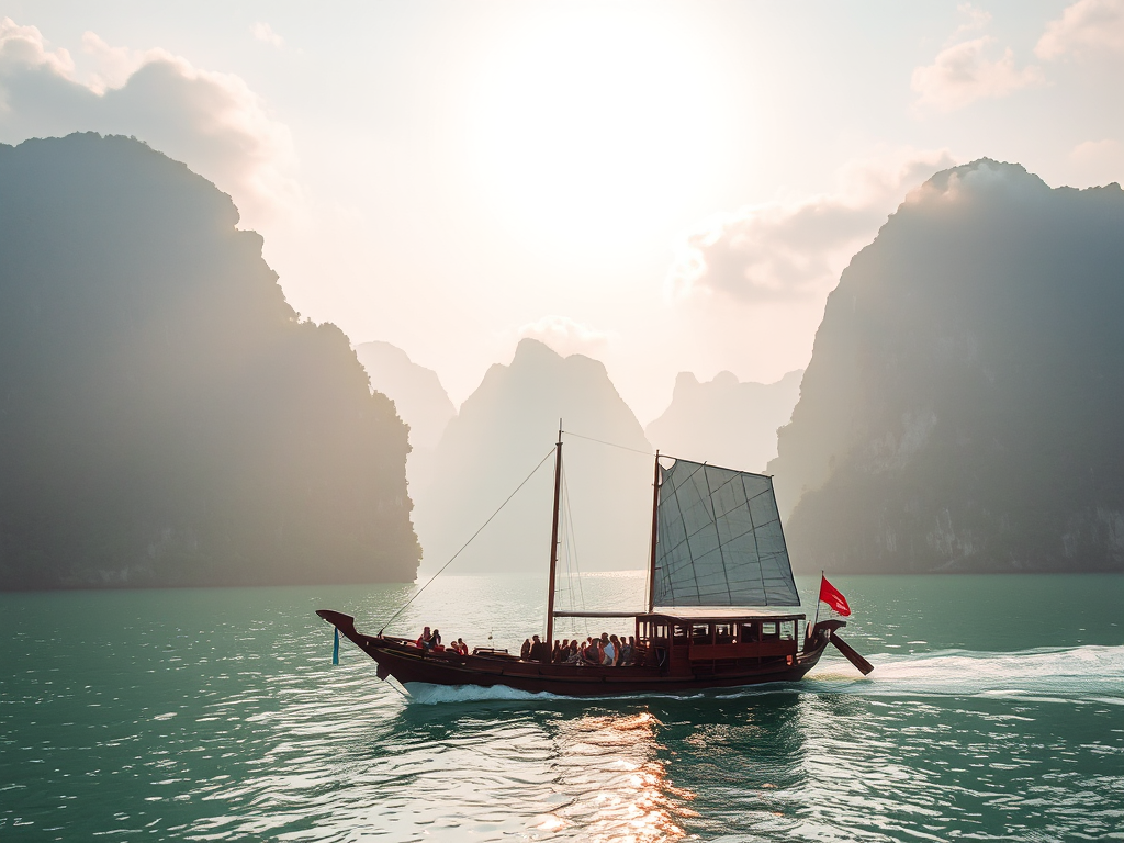 Khung cảnh vịnh Hạ Long mùa thu với nước biển xanh ngọc, những hòn đảo đá vôi mờ ảo trong sương sớm, thuyền gỗ truyền thống lướt nhẹ trên mặt nước êm đềm