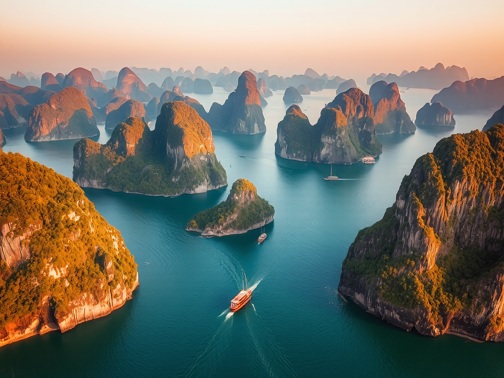 Khung cảnh Vịnh Hạ Long từ trên cao với các hòn đảo đá vôi và thuyền du lịch, ánh sáng hoàng hôn, minh họa cho giá vé tham quan Vịnh Hạ Long 2026