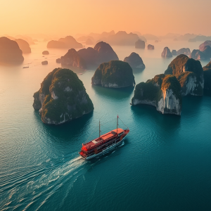 Khung cảnh Vịnh Hạ Long từ trên cao với các hòn đảo đá vôi và thuyền buồm truyền thống trên biển xanh ngọc, ánh hoàng hôn vàng rực rỡ, kinh nghiệm du lịch Hạ Long tự túc