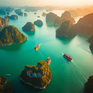 Khung cảnh Vịnh Hạ Long từ trên cao với những hòn đảo đá vôi, thuyền buồm truyền thống trên mặt nước xanh ngọc bích, ánh sáng bình minh vàng rực rỡ, tạo nên bức tranh thiên nhiên tuyệt đẹp
