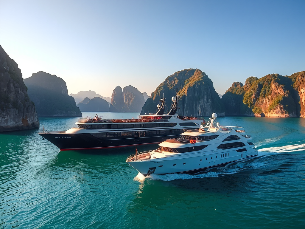 Khung cảnh vịnh Hạ Long tuyệt đẹp với du thuyền sang trọng lướt trên biển xanh ngọc, núi đá vôi hùng vĩ phía xa, ánh sáng hoàng hôn lãng mạn