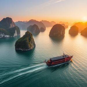 Khung cảnh Vịnh Hạ Long tuyệt đẹp với nước biển xanh ngọc bích, những hòn đảo đá vôi hùng vĩ và thuyền buồm truyền thống dưới ánh hoàng hôn vàng rực rỡ