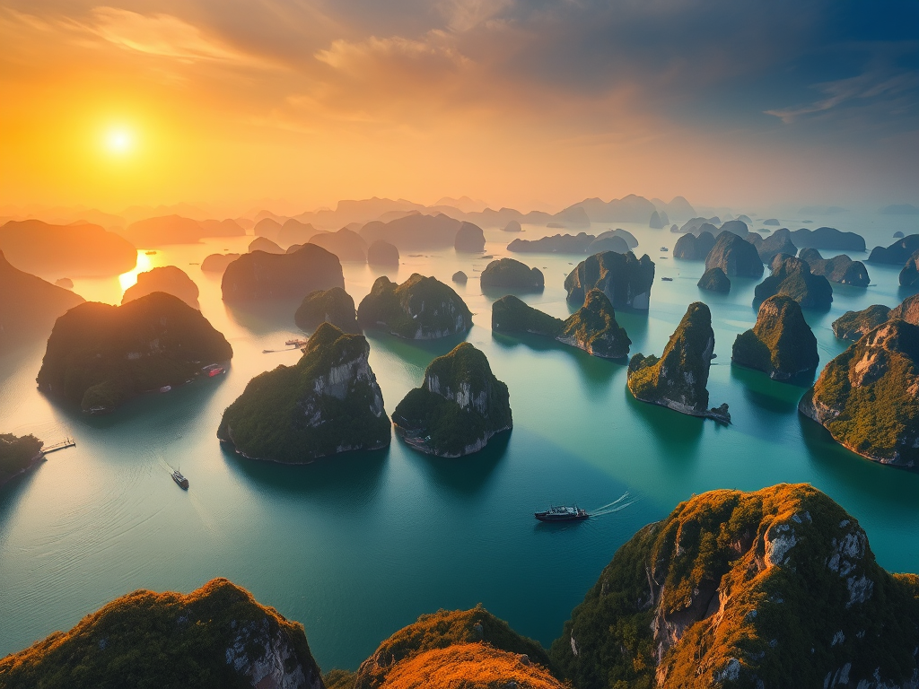 Khung cảnh vịnh Hạ Long với những ngọn núi đá vôi hùng vĩ và mặt nước xanh ngọc bích dưới ánh hoàng hôn vàng rực rỡ