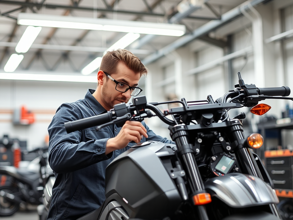 Kỹ thuật viên chuyên nghiệp kiểm tra các bộ phận của xe máy điện VinFast trong xưởng bảo dưỡng hiện đại với ánh sáng đèn trần sáng rõ và thiết bị chuyên dụng