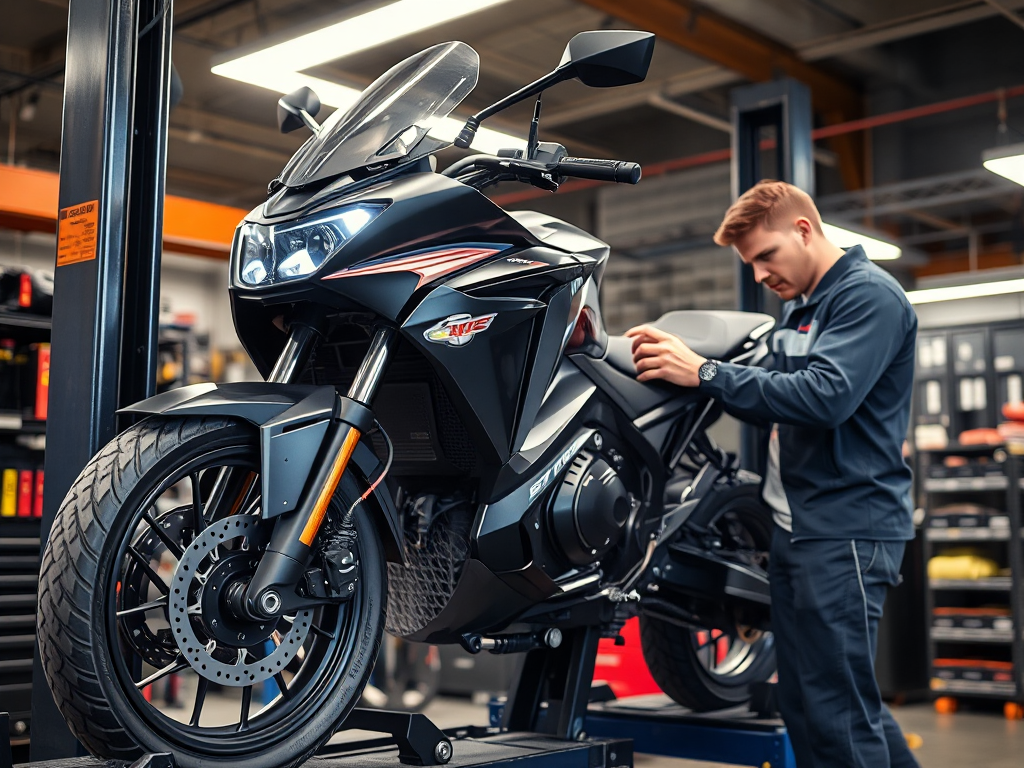 Kỹ thuật viên đang kiểm tra pin và động cơ xe máy điện VinFast trên giàn nâng trong xưởng bảo dưỡng hiện đại với ánh sáng rõ ràng