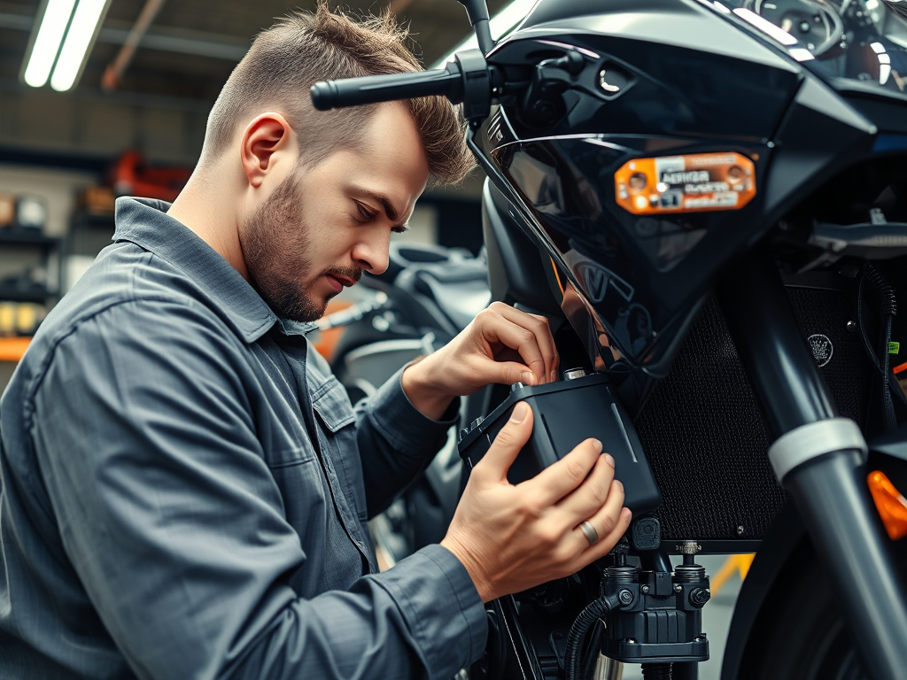 Kỹ thuật viên đang thay pin xe máy điện VinFast trong xưởng sửa chữa, dụng cụ và thiết bị chuyên dụng xung quanh, ánh sáng đèn chiếu rõ nét chi tiết