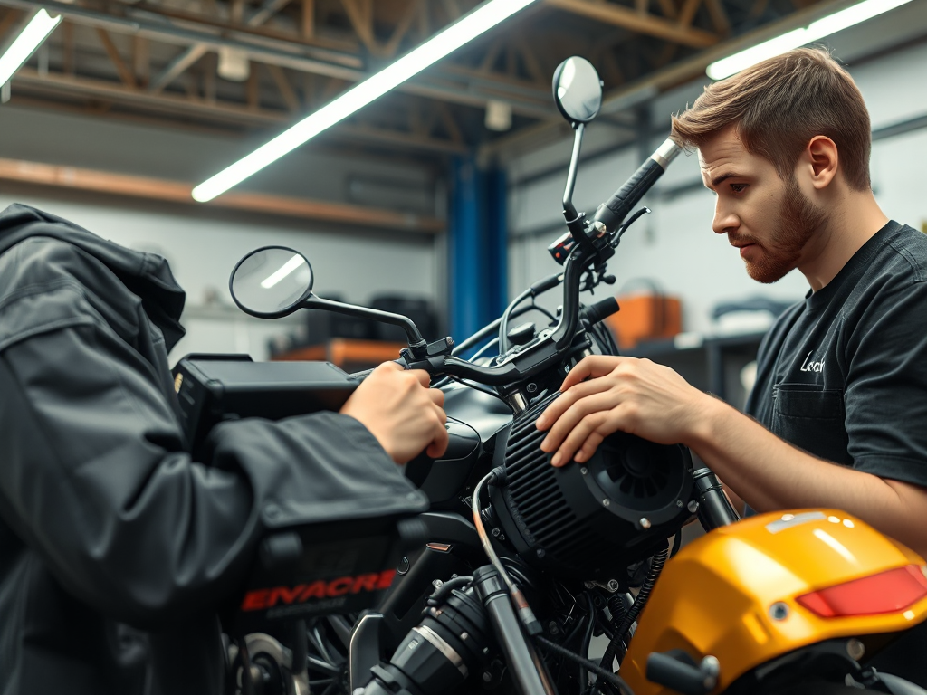 Kỹ thuật viên kiểm tra chi tiết các bộ phận xe máy điện VinFast trong xưởng bảo dưỡng, tập trung vào hệ thống pin và động cơ điện dưới ánh sáng đèn chuyên nghiệp