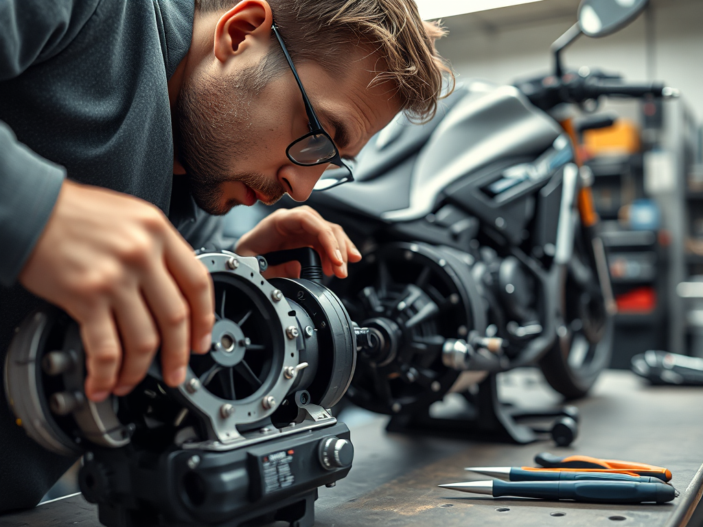 Kỹ thuật viên kiểm tra chi tiết các bộ phận xe máy điện VinFast, bao gồm ắc quy và động cơ, trong xưởng bảo dưỡng chuyên nghiệp với ánh sáng rõ ràng