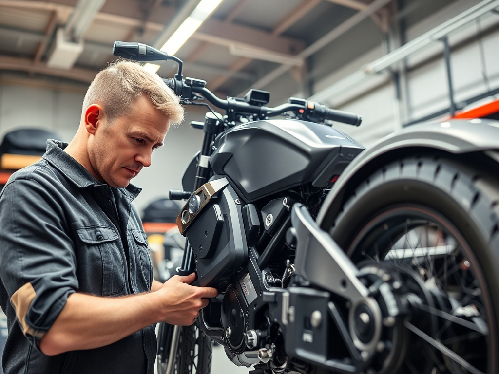 Kỹ thuật viên kiểm tra chi tiết xe máy điện VinFast trong xưởng bảo dưỡng với ánh sáng rõ ràng, tập trung vào các bộ phận cơ khí của xe