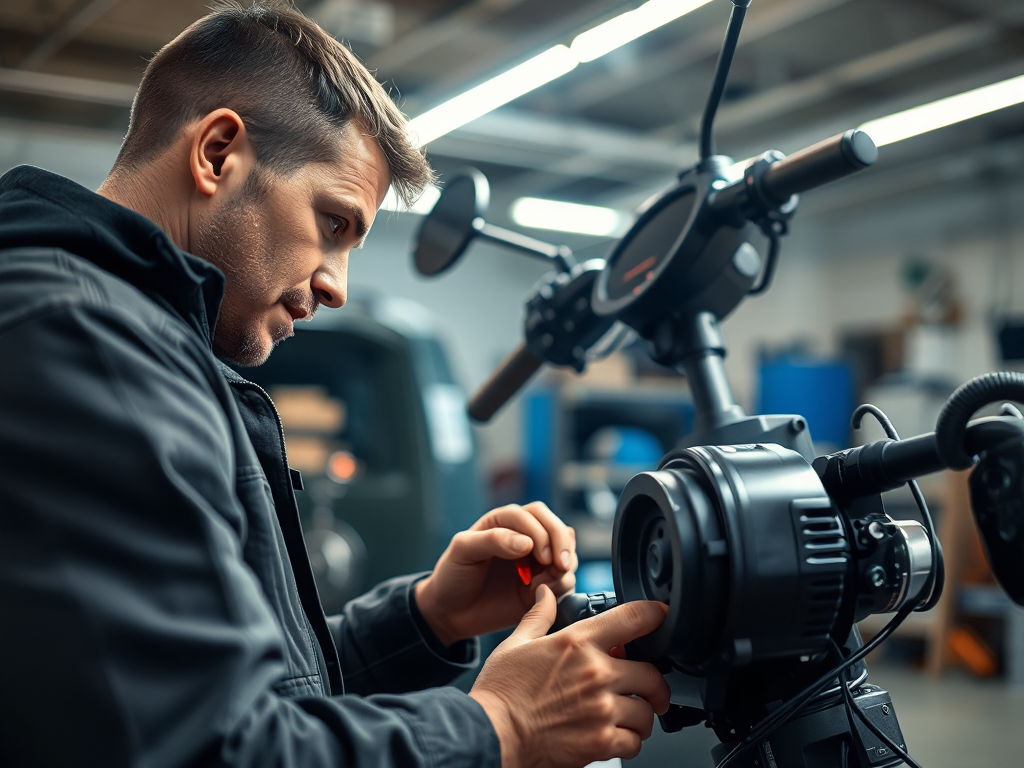 Kỹ thuật viên kiểm tra pin và động cơ xe máy điện VinFast trong xưởng sửa chữa, ánh sáng đèn chiếu sáng, tập trung vào chi tiết kỹ thuật xe điện