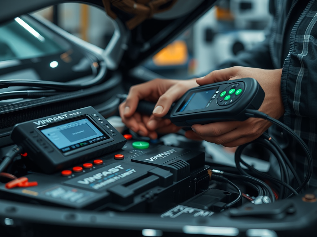 Kỹ thuật viên kiểm tra pin xe điện VinFast bằng các dụng cụ chẩn đoán chuyên nghiệp trong xưởng sửa chữa hiện đại, ánh sáng rõ ràng chiếu vào các chi tiết kỹ thuật