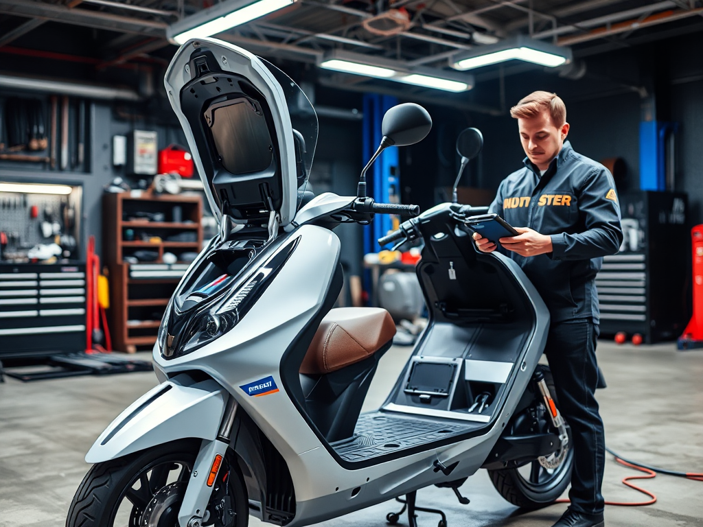 Kỹ thuật viên kiểm tra pin xe máy điện VinFast trong xưởng sửa chữa, pin đang được tháo ra khỏi xe, dụng cụ chẩn đoán cầm tay, môi trường sửa chữa chuyên nghiệp