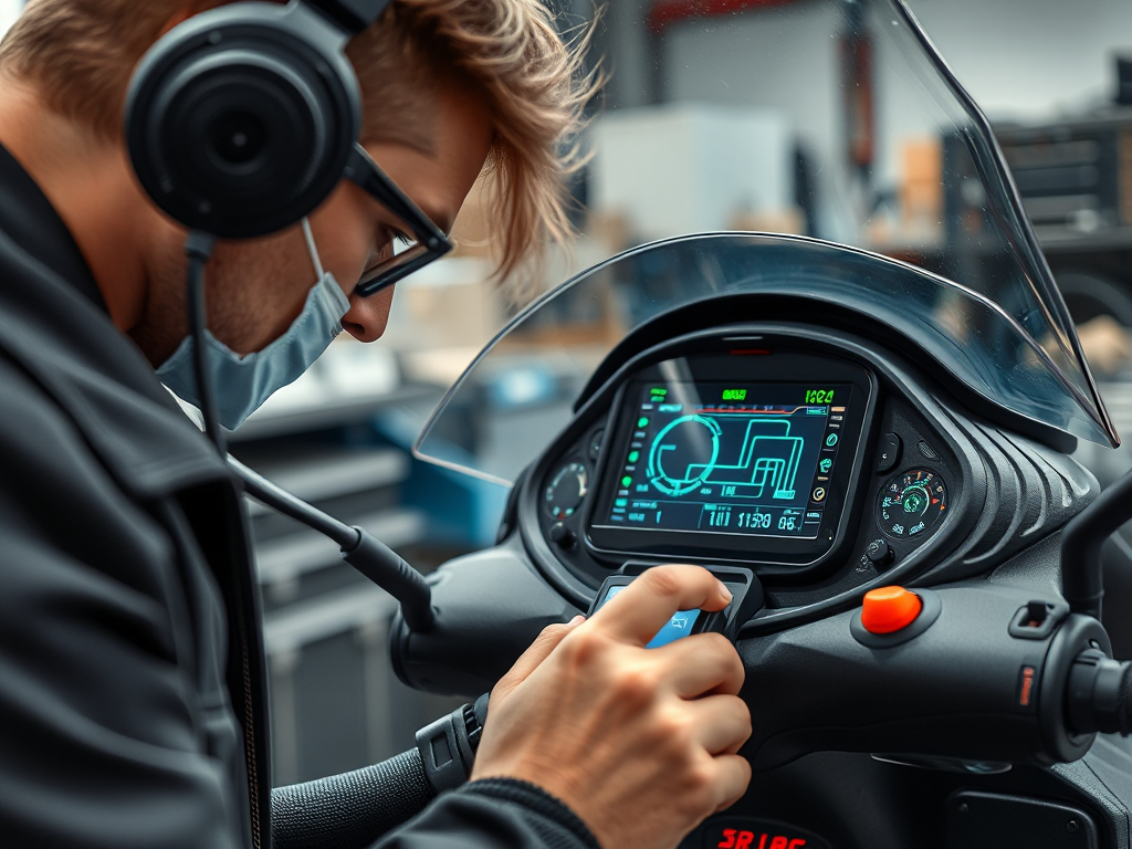 Kỹ thuật viên kiểm tra và sửa chữa mạch điện trên xe máy điện VinFast trong xưởng, tập trung vào bảng điều khiển và thiết bị chẩn đoán