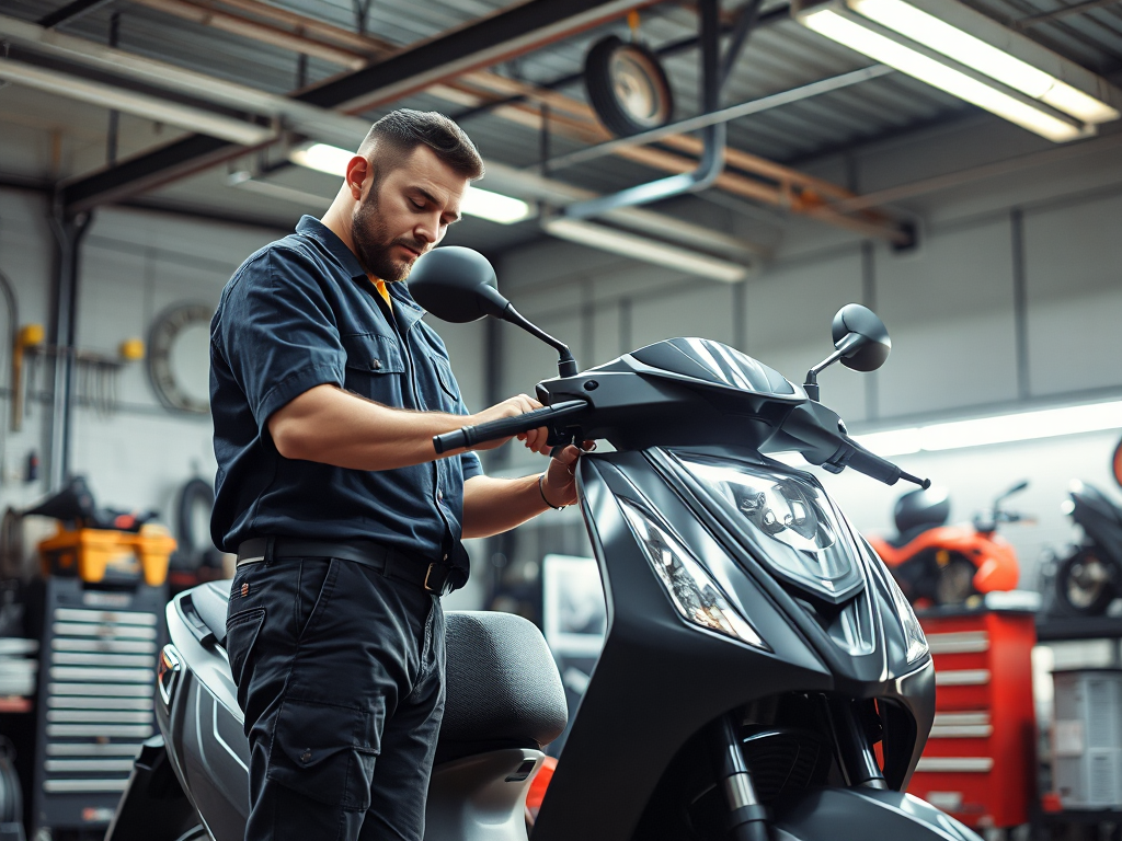 Kỹ thuật viên kiểm tra xe máy điện VinFast trong xưởng sửa chữa chuyên nghiệp với các dụng cụ chẩn đoán và phụ tùng thay thế