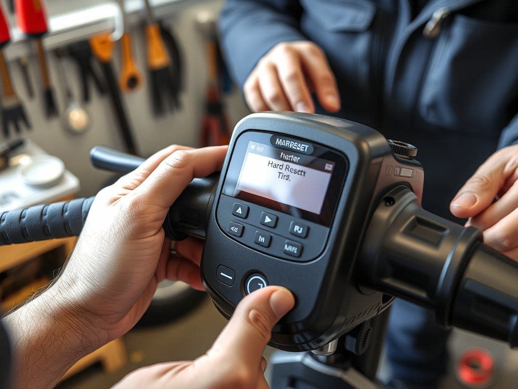 Kỹ thuật viên thực hiện thao tác reset cứng trên xe máy điện VinFast, tập trung vào bảng điều khiển và các nút bấm trong xưởng sửa chữa