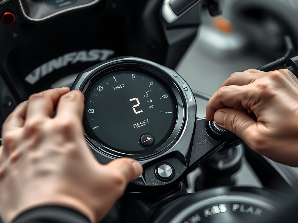 Kỹ thuật viên thực hiện thao tác reset xe máy điện VinFast trong xưởng sửa chữa, tập trung vào bảng điều khiển và nút reset, ánh sáng dịu trong không gian kỹ thuật