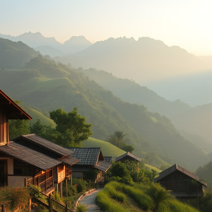 Làng Bản Pa Phách ở Mộc Châu với những ngôi nhà sàn truyền thống của dân tộc Thái nằm giữa thung lũng xanh mướt, núi non hùng vĩ phía xa