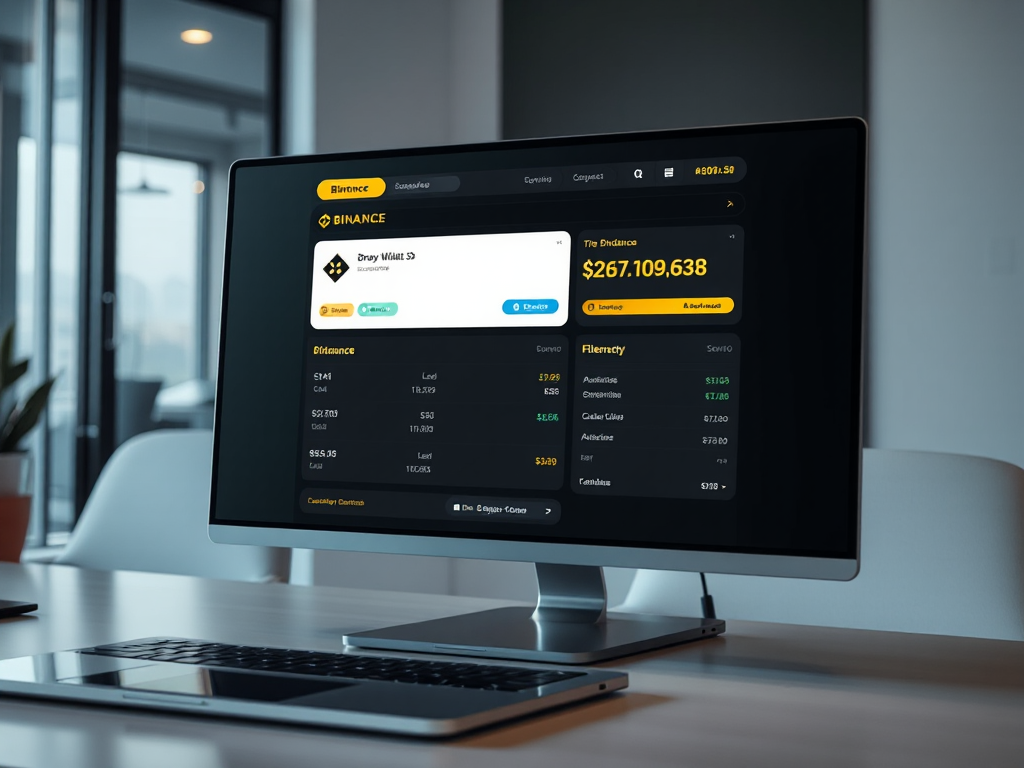 Màn hình máy tính hiển thị giao diện ví Binance với số dư BNB, không gian làm việc hiện đại với laptop và điện thoại thông minh, ánh sáng dịu nhẹ tạo cảm giác chuyên nghiệp