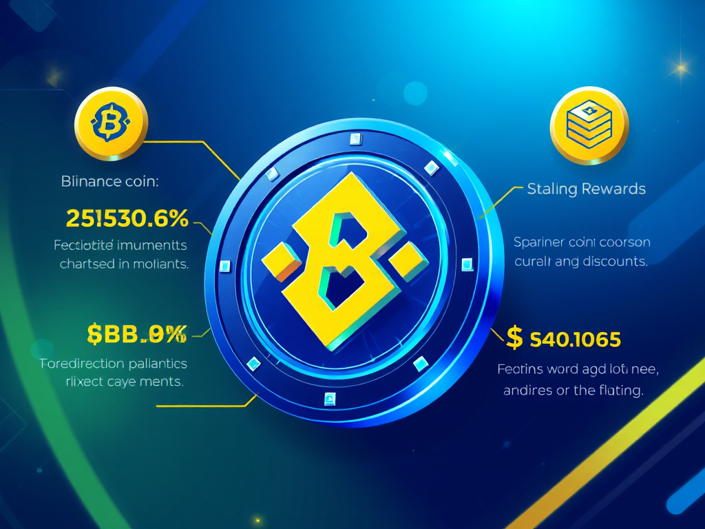 Minh họa Binance Coin với các tính năng đặc biệt như chiết khấu giao dịch và phần thưởng staking trên nền tảng Binance, thiết kế hiện đại và công nghệ cao