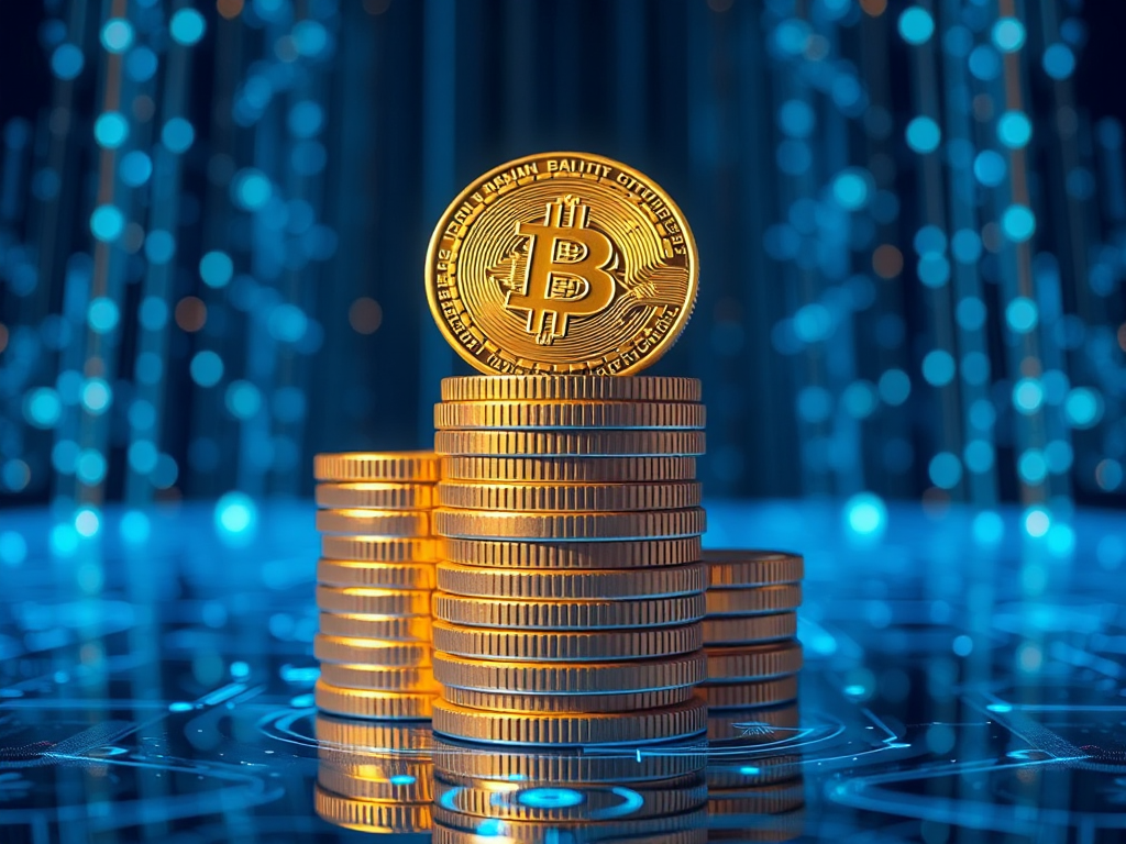 Minh họa đồng BNB Coin với các đồng tiền vàng xếp thành hình kim tự tháp trên nền các nút blockchain phát sáng xanh lam trong không gian công nghệ tương lai