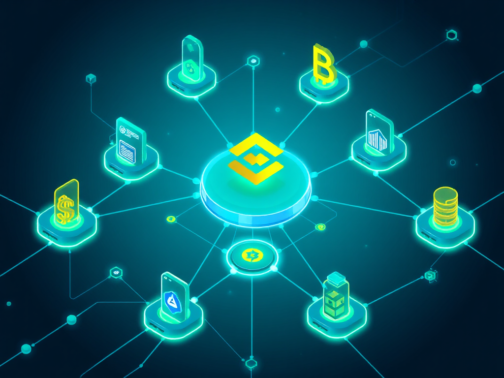 Minh họa hệ sinh thái Binance với các ứng dụng BNB coin liên kết với nhau, mạng lưới công nghệ tương lai, màu xanh dương và xanh lá cây, thể hiện sự kết nối và phát triển