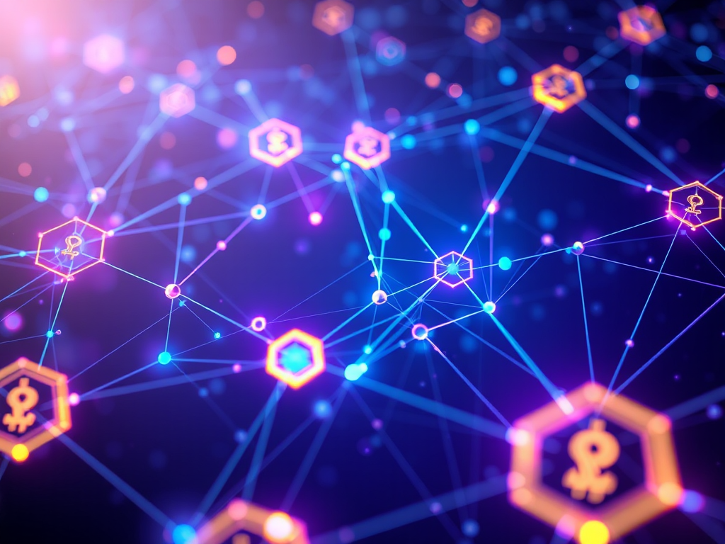 Minh họa kiến trúc đa chuỗi của BNB với các nút blockchain kết nối với nhau, ánh sáng xanh tím, thể hiện sự phát triển của hệ sinh thái tokenomics BNB Coin