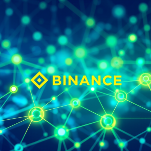 Minh họa kỹ thuật số về hệ sinh thái Binance với các nút blockchain liên kết và yếu tố công nghệ tương lai, màu xanh dương và xanh lá cây nổi bật