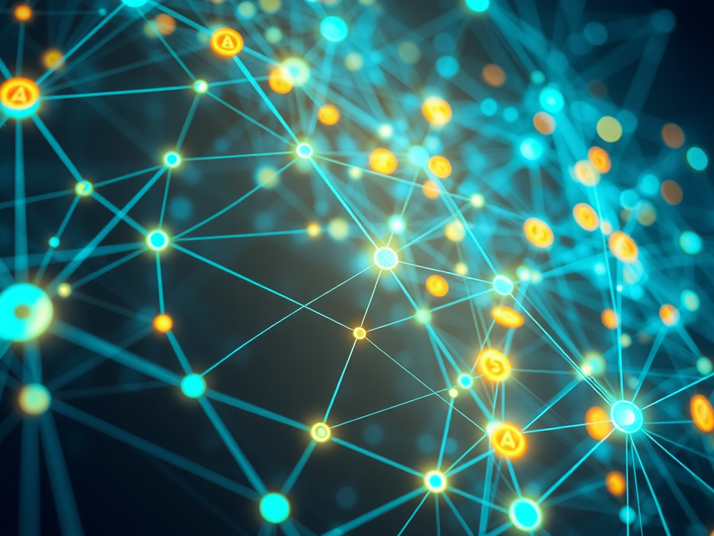 Minh họa mạng lưới token và blockchain với các nút kết nối, ánh sáng xanh dương và xanh lá cây, thể hiện tokenomics của đồng BNB Coin